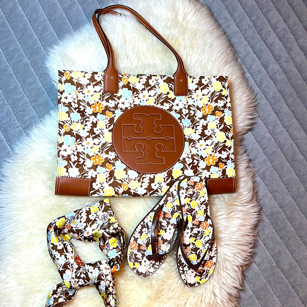 Tory Burch beach set, tote bag, flip flops and silk scarf